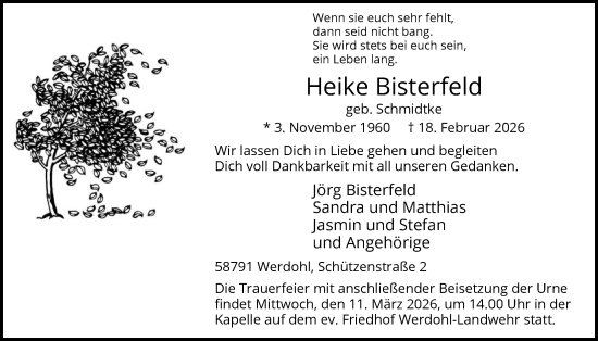 Traueranzeige von Heike Bisterfeld von HALN