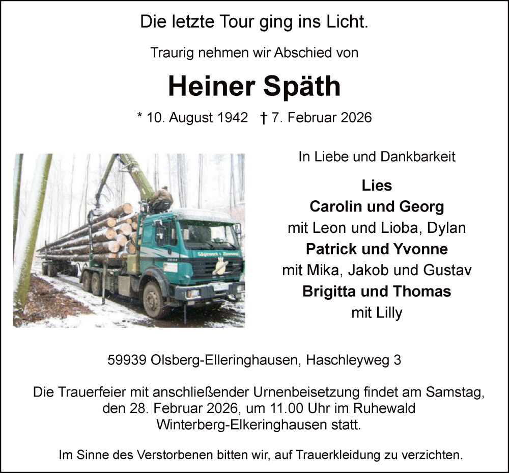  Traueranzeige für Heiner Späth vom 14.02.2026 aus HASK