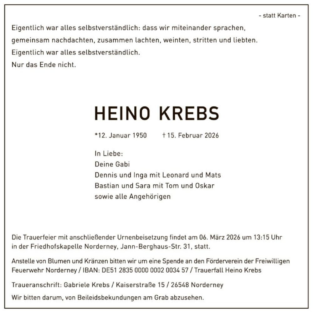  Traueranzeige für Heino Krebs vom 21.02.2026 aus HALN