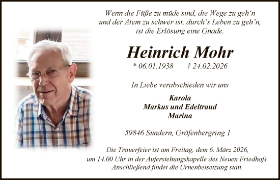 Traueranzeige von Heinrich Mohr von HASK