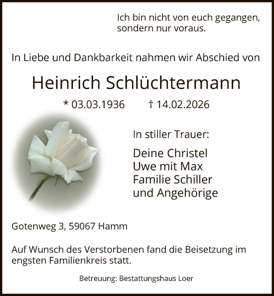 Traueranzeige von Heinrich Schlüchtermann von HAWA