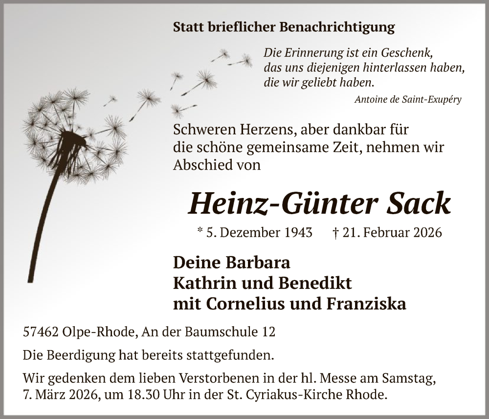  Traueranzeige für Heinz-Günter Sack vom 28.02.2026 aus HASK