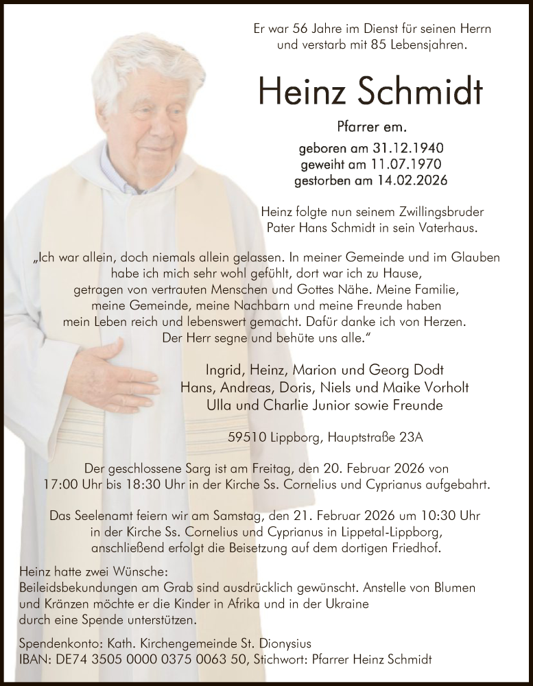  Traueranzeige für Heinz Schmidt vom 18.02.2026 aus HASO