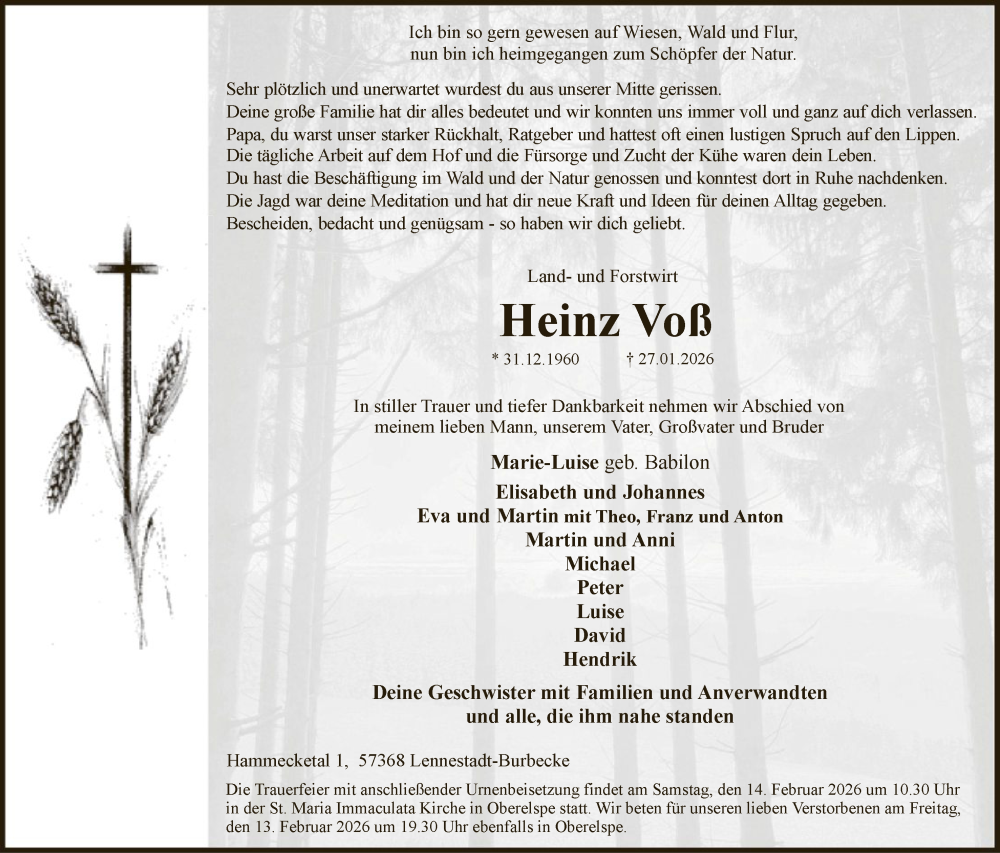  Traueranzeige für Heinz Voß vom 07.02.2026 aus HASK