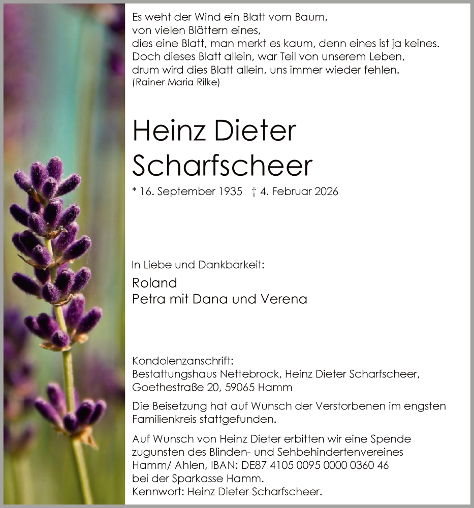  Traueranzeige für Heinz Dieter Scharfscheer vom 14.02.2026 aus HAWA
