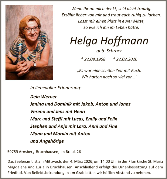 Traueranzeige von Helga Hoffmann von HASK