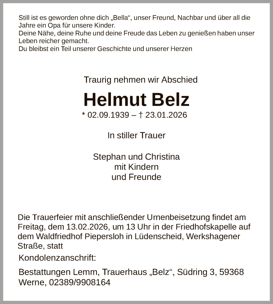  Traueranzeige für Helmut Belz vom 07.02.2026 aus HALN