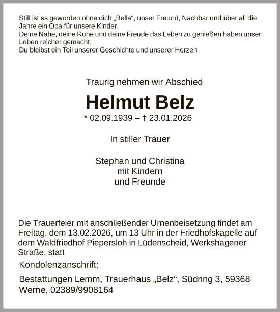 Traueranzeige von Helmut Belz von HALN