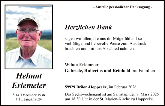 Traueranzeige von Helmut Erlemeier von HASK