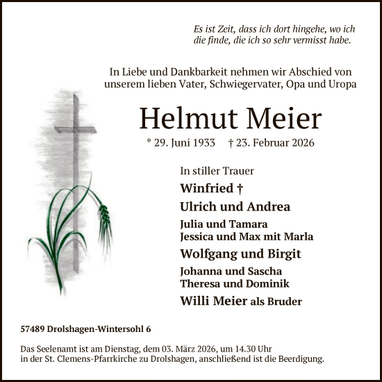 Traueranzeige von Helmut Meier von HASK