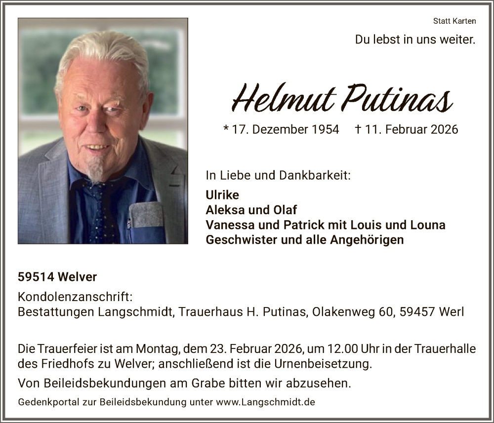  Traueranzeige für Helmut Putinas vom 18.02.2026 aus HASO