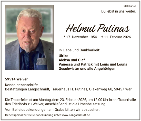 Traueranzeige von Helmut Putinas von HASO