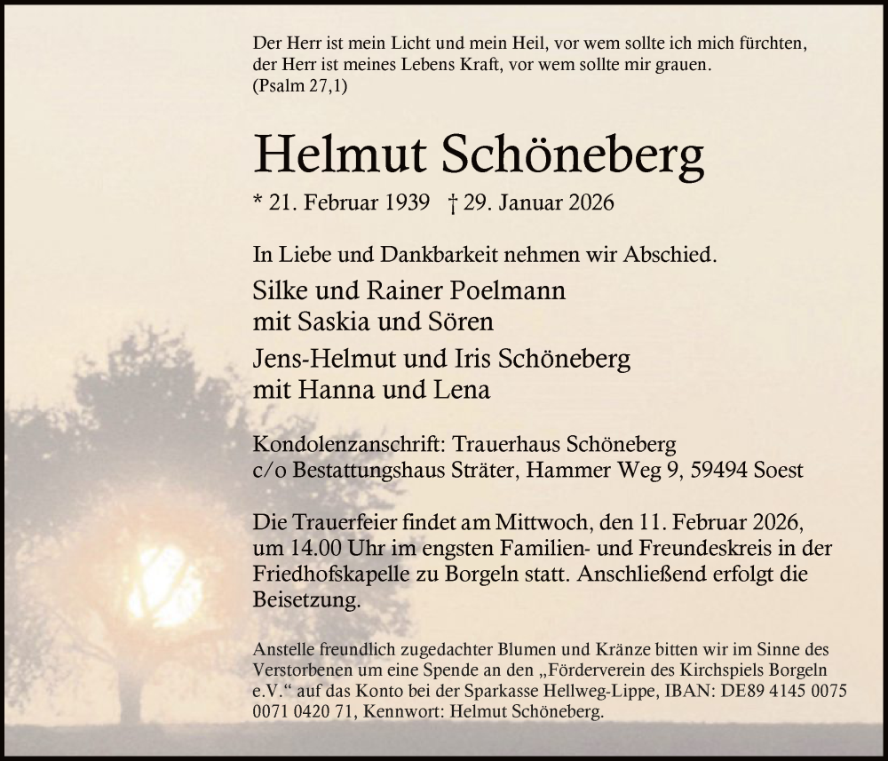  Traueranzeige für Helmut Schöneberg vom 05.02.2026 aus HASO
