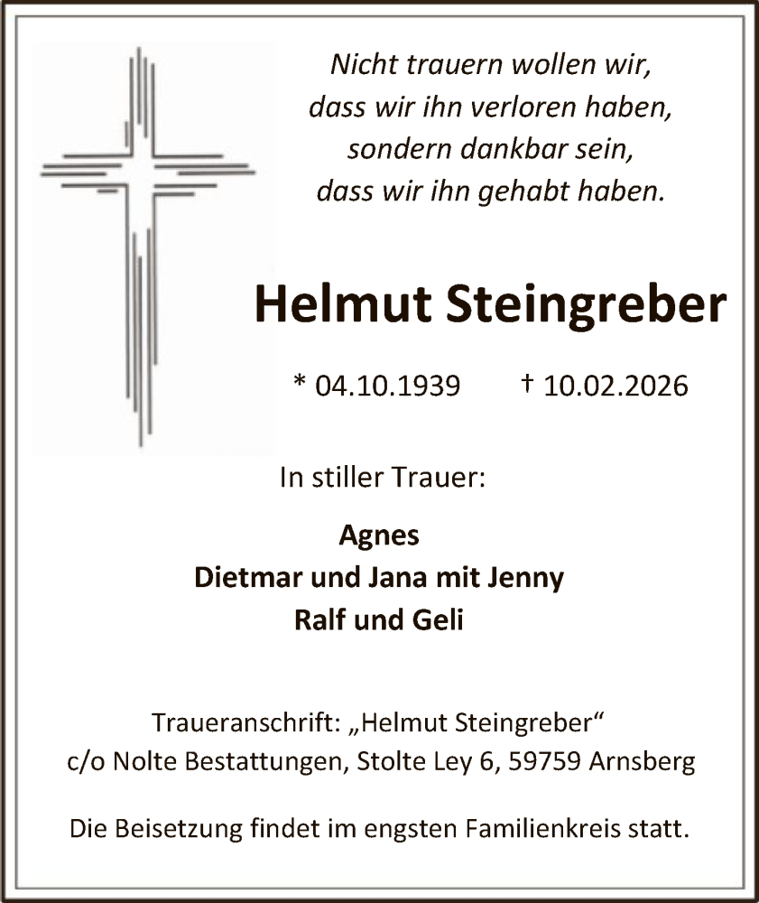  Traueranzeige für Helmut Steingreber vom 14.02.2026 aus HASK