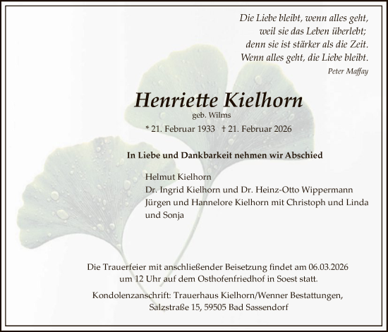 Traueranzeige von Henriette Kielhorn von HASO