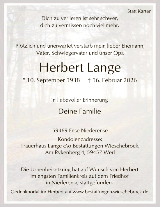 Traueranzeige von Herbert Lange von HASO