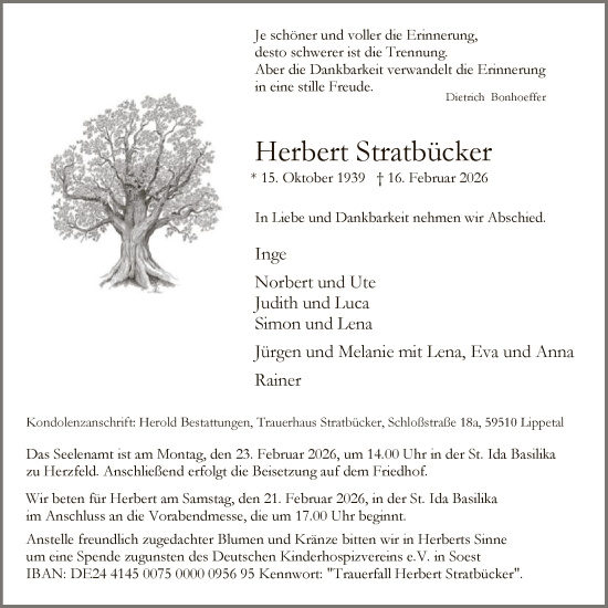 Traueranzeige von Herbert Stratbücker von HASO