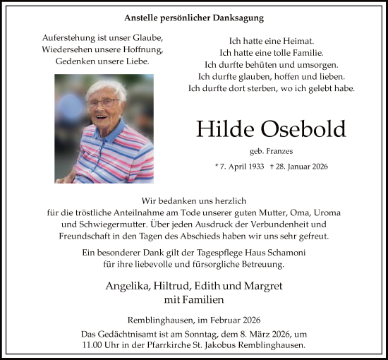 Traueranzeige von Hilde Osebold von HASK
