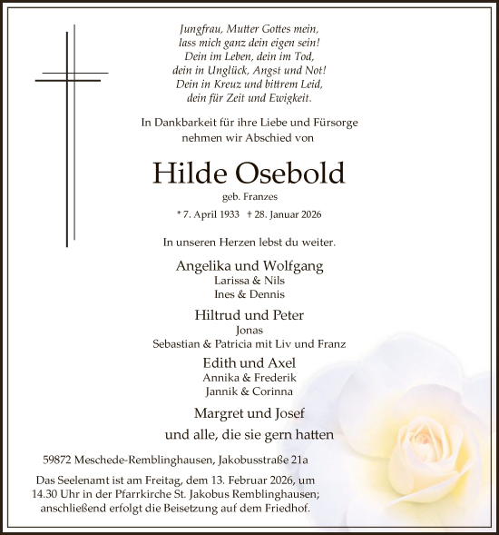 Traueranzeige von Hilde Osebold von HASK
