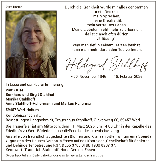 Traueranzeige von Hildegard Stahlhoff von HASO