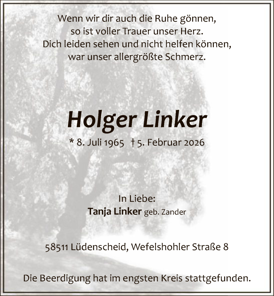 Traueranzeige für Holger Linker vom 13.02.2026 aus HALN