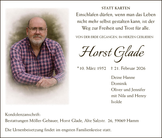 Traueranzeige von Horst Glade von HAWA