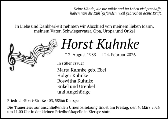 Traueranzeige von Horst Kuhnke von HALN