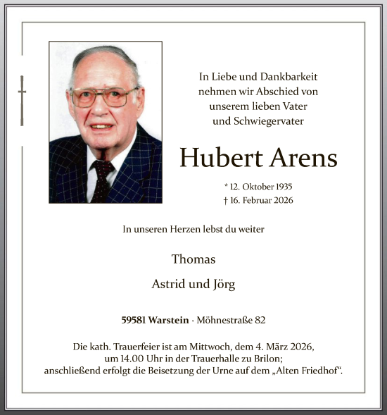 Traueranzeige von Hubert Arens von HASO