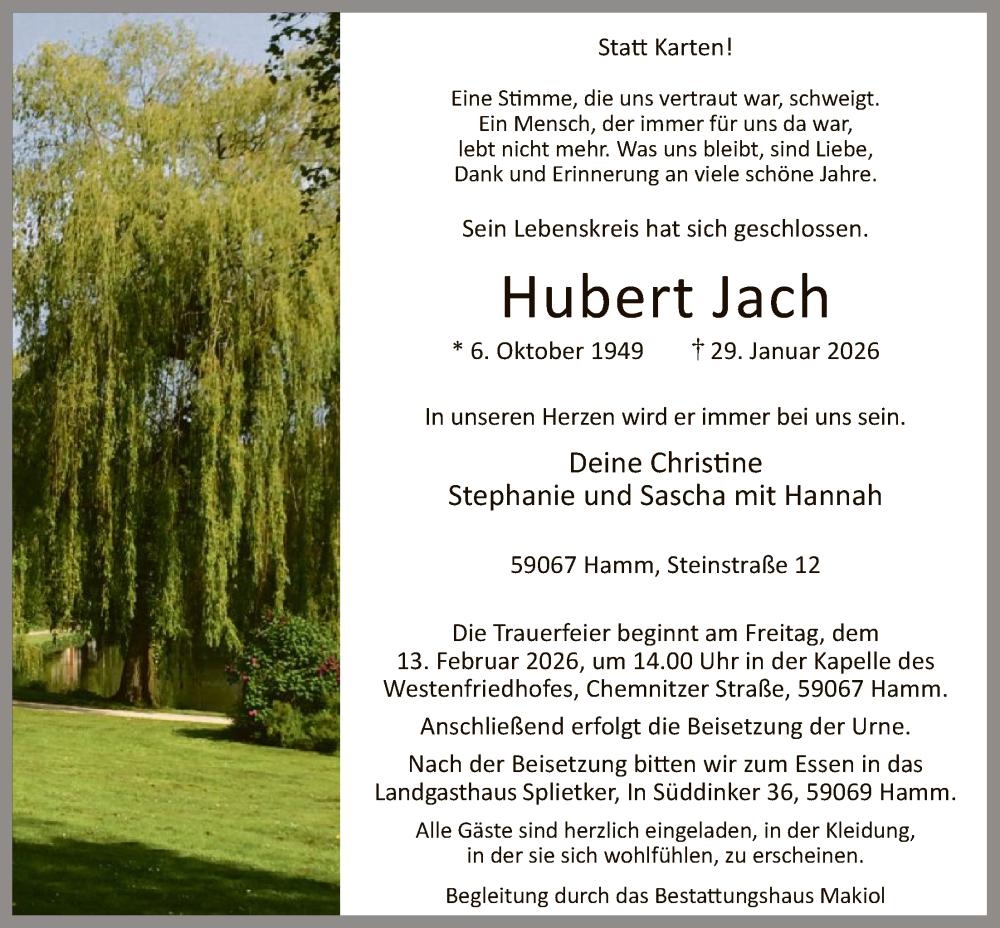  Traueranzeige für Hubert Jach vom 07.02.2026 aus HAWA