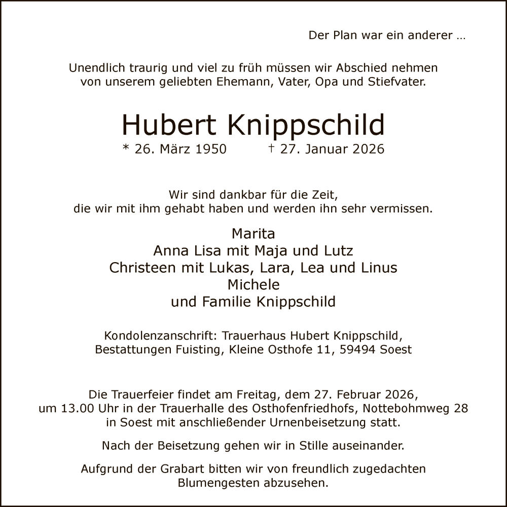  Traueranzeige für Hubert Knippschild vom 11.02.2026 aus HASO