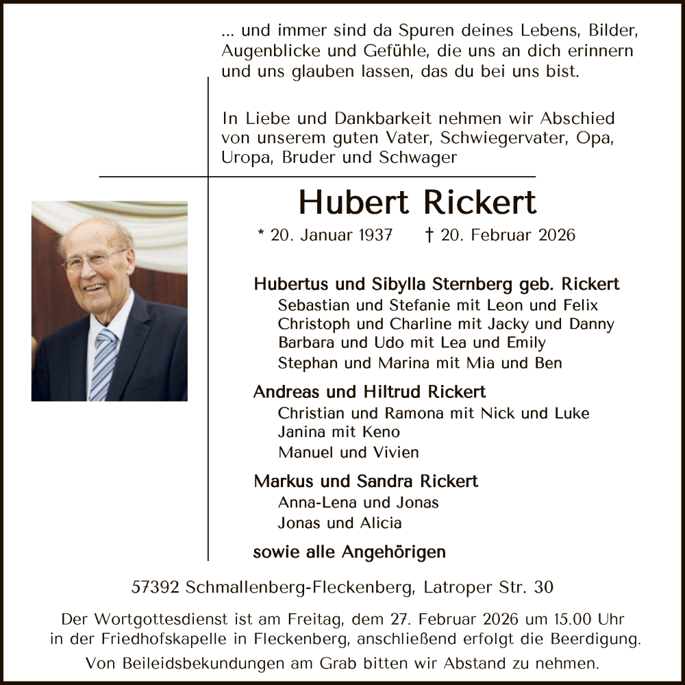 Traueranzeige für Hubert Rickert vom 21.02.2026 aus HASK