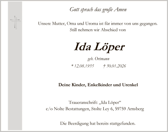 Traueranzeige von Ida Löper von HASK