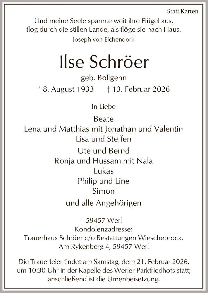  Traueranzeige für Ilse Schröer vom 18.02.2026 aus HASO