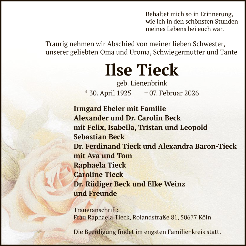  Traueranzeige für Ilse Tieck vom 11.02.2026 aus HALN