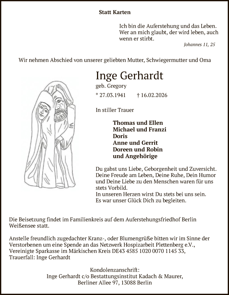  Traueranzeige für Inge Gerhardt vom 28.02.2026 aus HALN