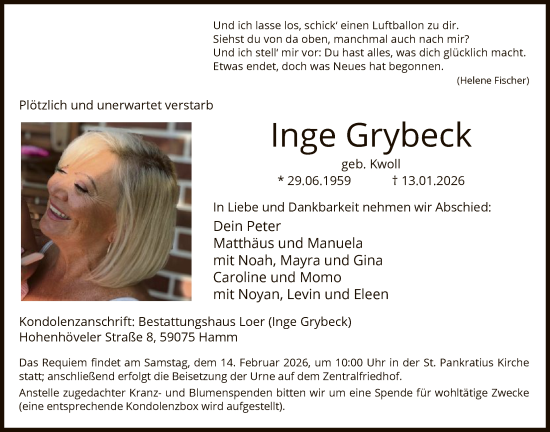 Traueranzeige von Inge Grybeck von HAWA