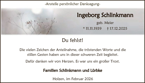 Traueranzeige von Ingeborg Schlinkmann von HASK