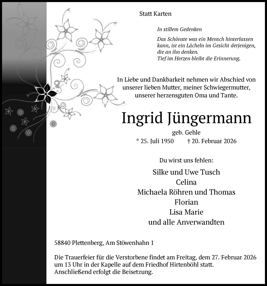  Traueranzeige für Ingrid Jüngermann vom 24.02.2026 aus HALN