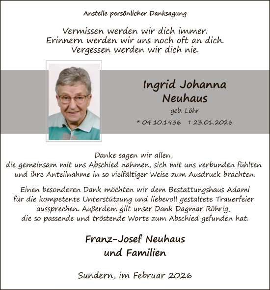 Traueranzeige von Ingrid Johanna Neuhaus von HASK