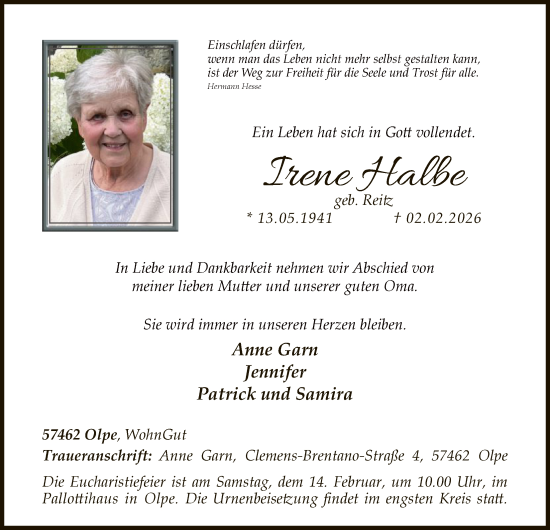 Traueranzeige von Irene Halbe von HASK