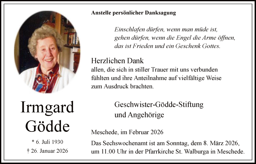  Traueranzeige für Irmengard Gödde vom 28.02.2026 aus HASK