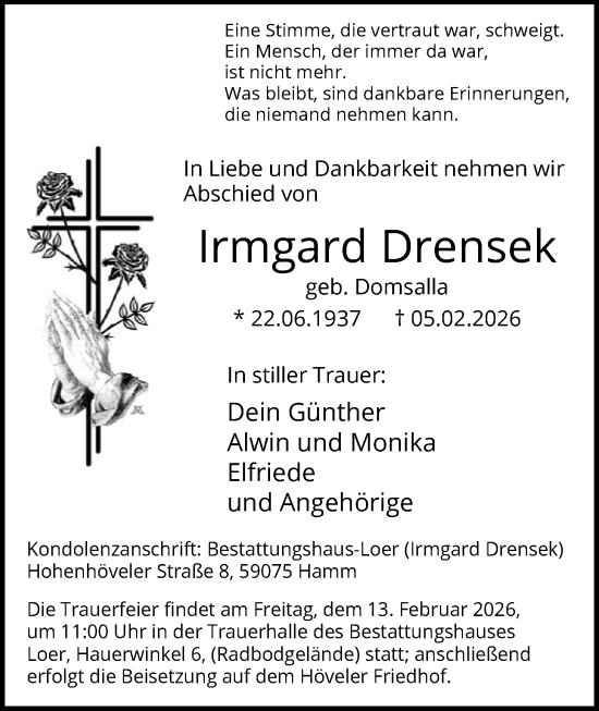 Traueranzeige von Irmgard Drensek von HAWA