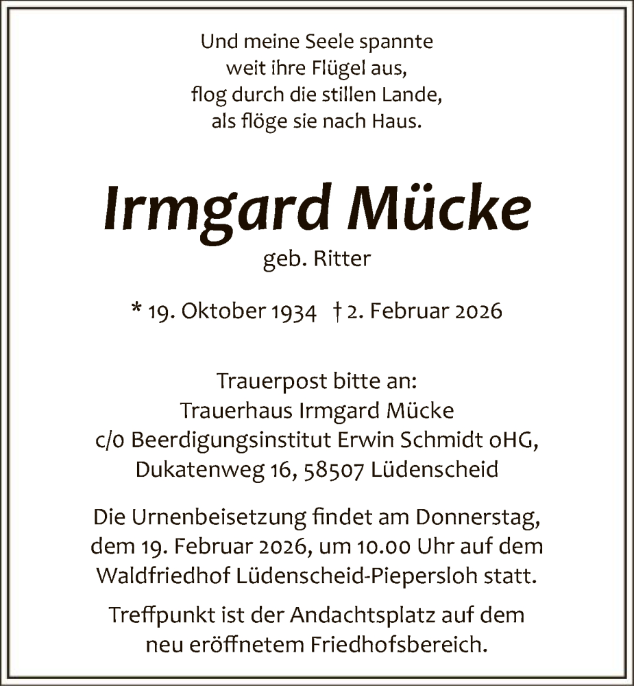  Traueranzeige für Irmgard Mücke vom 14.02.2026 aus HALN