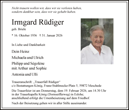 Traueranzeige von Irmgard Rüdiger von HASK