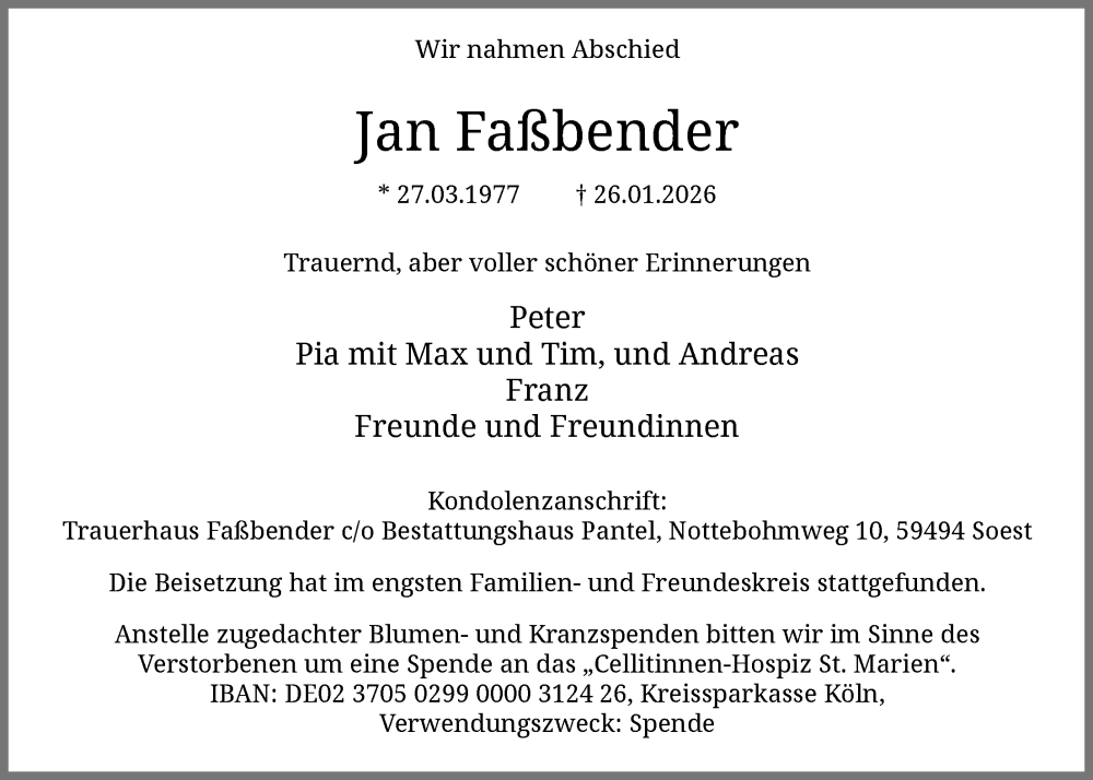  Traueranzeige für Jan Faßbender vom 14.02.2026 aus HASO