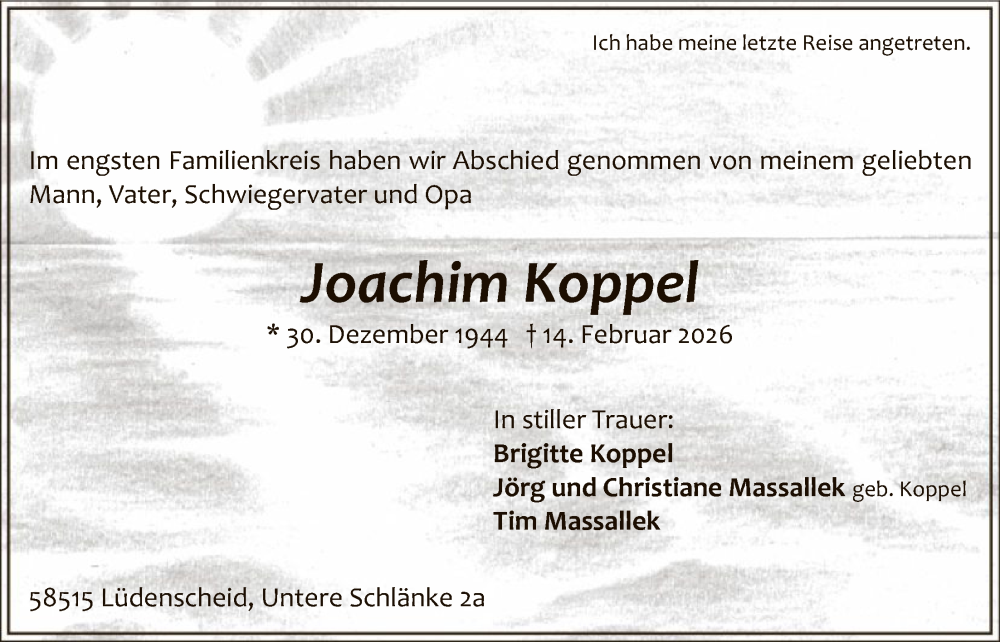  Traueranzeige für Joachim Koppel vom 28.02.2026 aus HALN