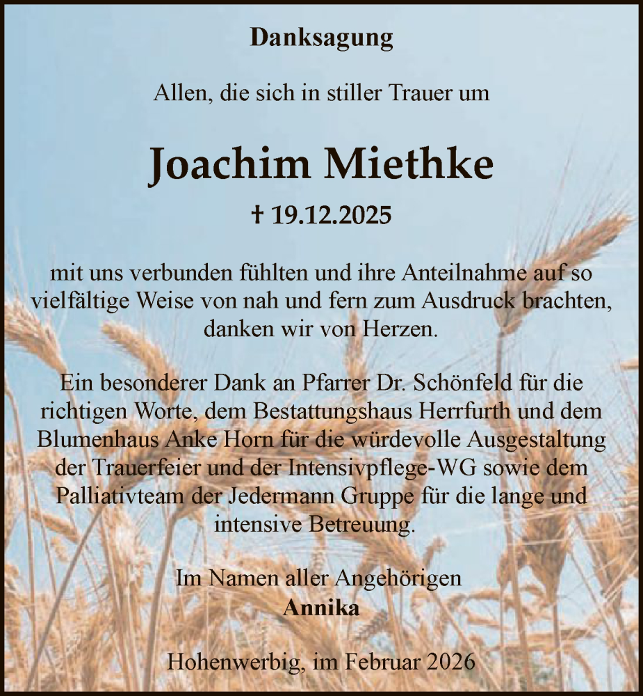  Traueranzeige für Joachim Miethke vom 07.02.2026 aus HASO