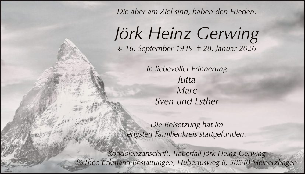  Traueranzeige für Jörk Heinz Gerwing vom 18.02.2026 aus HALN