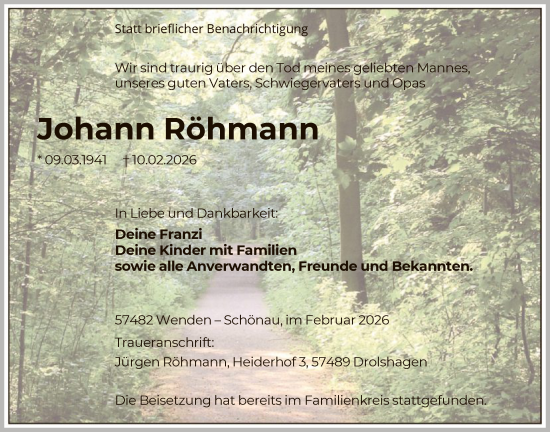 Traueranzeige von Johann Röhmann von HASK