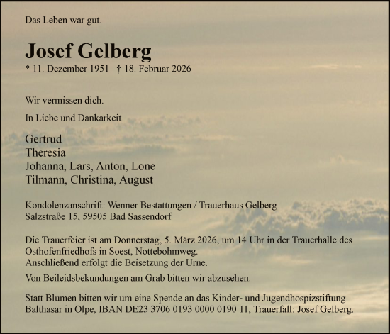 Traueranzeige von Josef Gelberg von HASO
